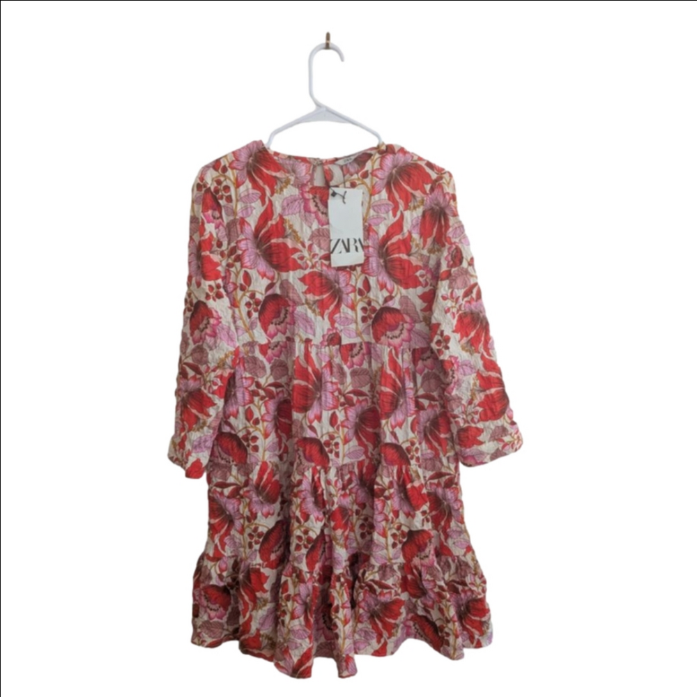Women's ZARA Floral Tiered Mini Dress M Red Pink - Picture 2 of 8